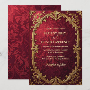Invitation Mariage Élégant Vintage Rouge Bourgogne et Or