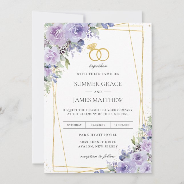 Invitation Mariage élégant Violet Lilac Floral Or Anneaux (Devant)