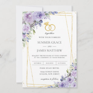 Invitation Mariage élégant Violet Lilac Floral Or Anneaux