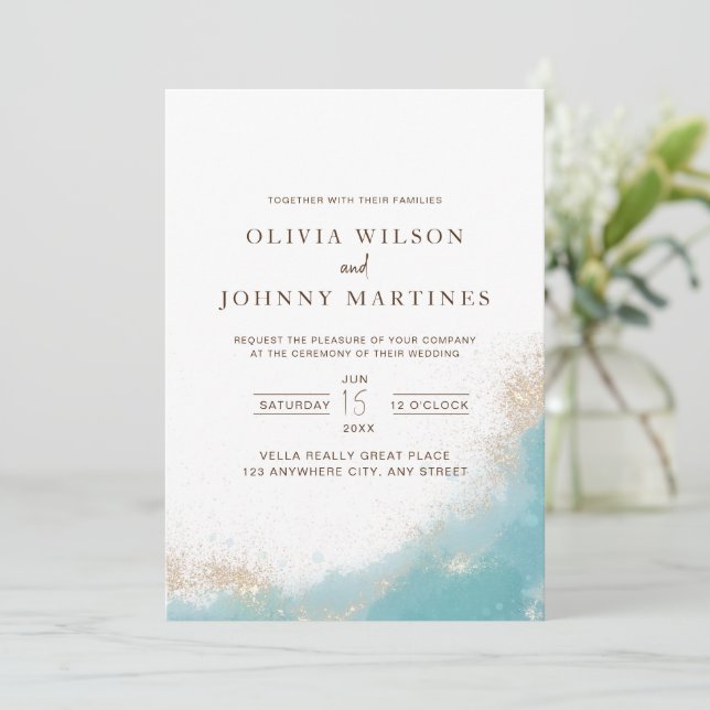 Invitation Mariage Élégante Mariage Bleu Et Or (Debout devant)