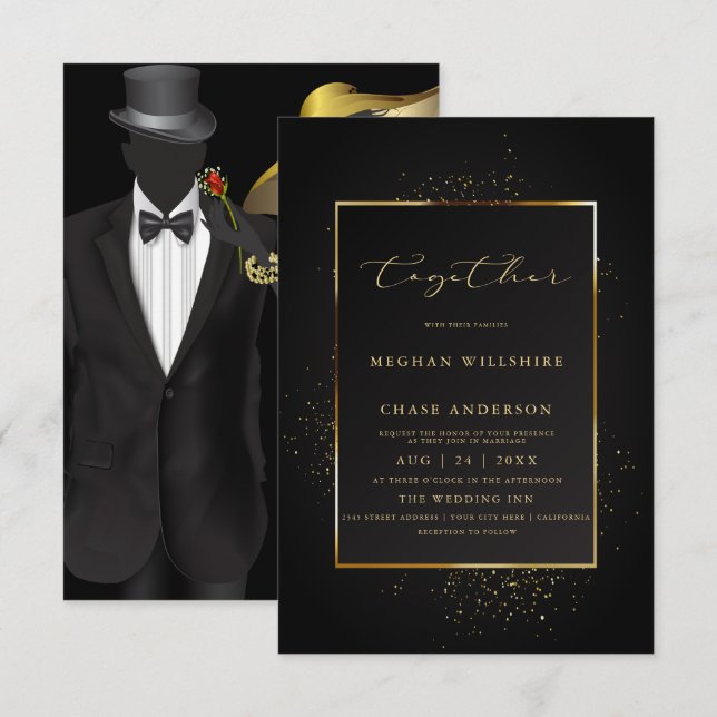 Invitation MARIAGE | Elégante Parties scintillant noire et or (Devant / Derrière)
