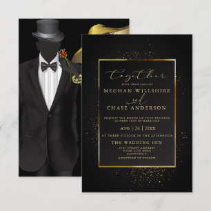 Invitation MARIAGE   Elégante Parties scintillant noire et or