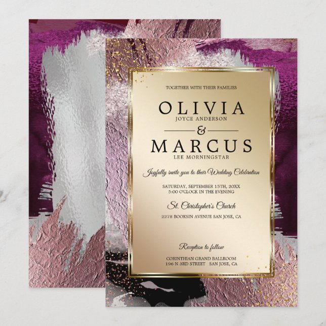 Invitation Mariage | Élégantes pinces à brosse en or Cassis P (Devant / Derrière)