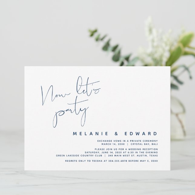 Invitation Mariage Elopement, bleu marine, maintenant fêtons (Debout devant)