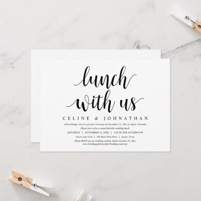 Invitation Mariage Elopement, Déjeuner Avec Nous, Mariés De N (Devant/Arrière en situation)