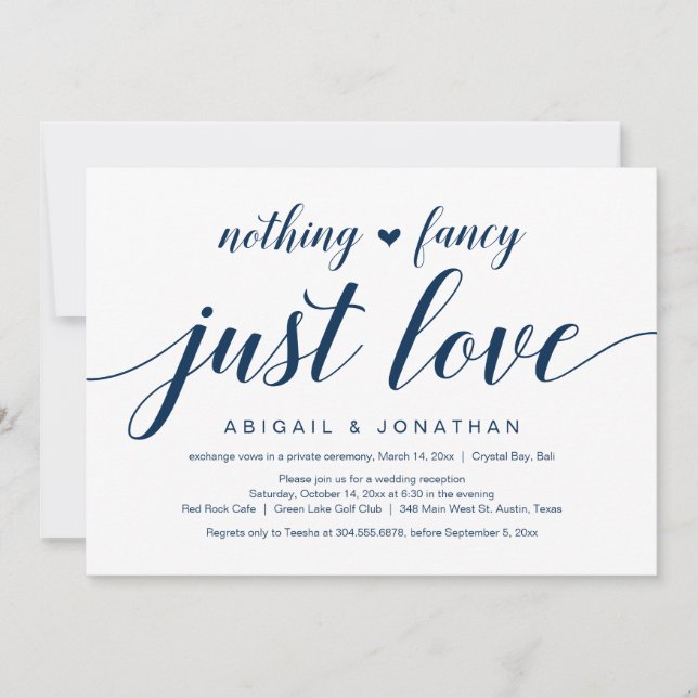 Invitation Mariage Elopement, élégant Classy Navy Script bleu (Devant)
