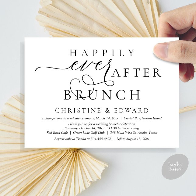 Invitation Mariage Elopement, Heureux Jamais Après Brunch (Modern Classy Wedding Elopement, Happily Ever After Brunch Invitation Card, PDF, in White and Black)