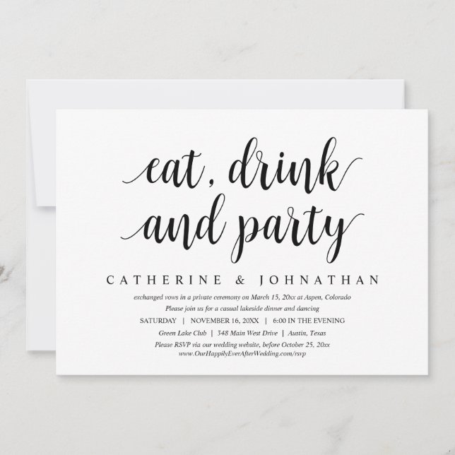 Invitation Mariage Elopement, Manger, Boire et Fête (Devant)