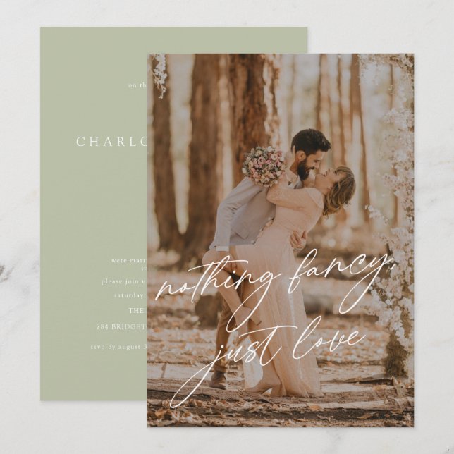 Invitation Mariage Elopement Photo Calligraphie Moderne Vert  (Devant / Derrière)