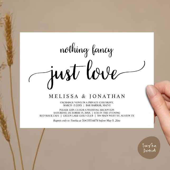 Invitation Mariage Elopement, Rien De Fancy Just Love Diner (Wedding Elopement, Nothing Fancy Just Love Dinner Invitation Card, PDF, Rustic Cottage White Black)