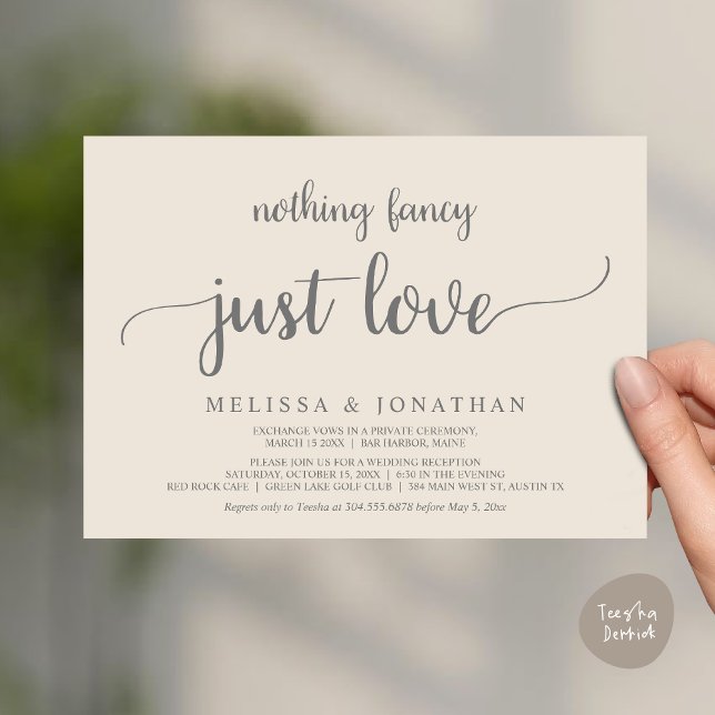 Invitation Mariage Elopement, Rien De Fancy Just Love Diner (Wedding Elopement, Nothing Fancy Just Love Dinner Invitation Card, PDF, Rustic Cottage Cream Grey)