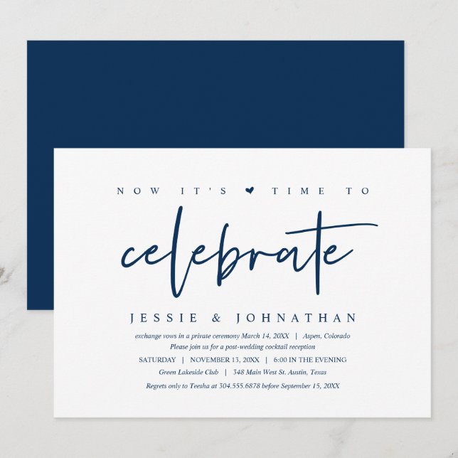 Invitation Mariage Elopement, temps de fêter, Navy Blue (Devant / Derrière)