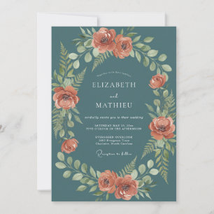 Invitation Mariage Embrassant Floral Rustique Sarcelle