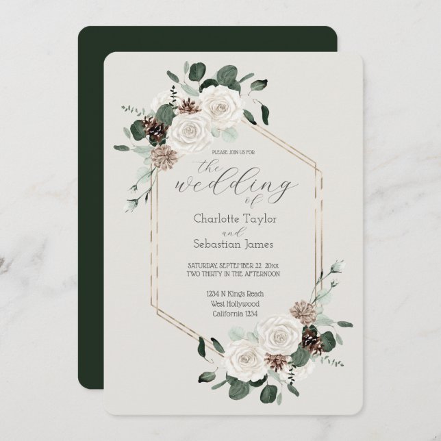 Invitation Mariage Emerald Green Et Fleurs Crème (Devant / Derrière)