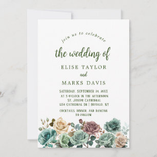 Invitation Mariage Emerald Green Rose Beige Foilage