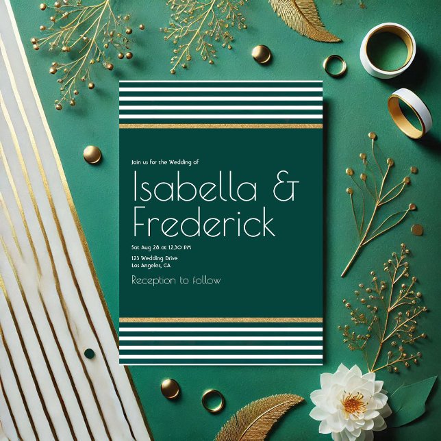 Invitation Mariage Emerald moderne vert, blanc et or (Modern Emerald Green, White and Gold Wedding Invitation)