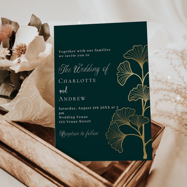 Invitation Mariage émeraude vert ginkgo or feuille luxe (Créateur téléchargé)
