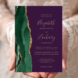 Invitation Mariage Émeraude Vert Or Agate Violet Chic