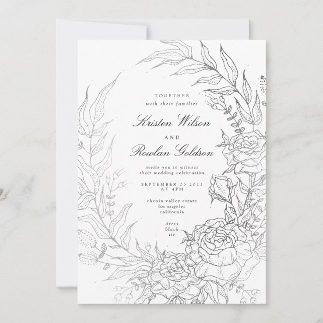 Invitation Mariage en argent noir blanc en couronne de fleurs (Devant)