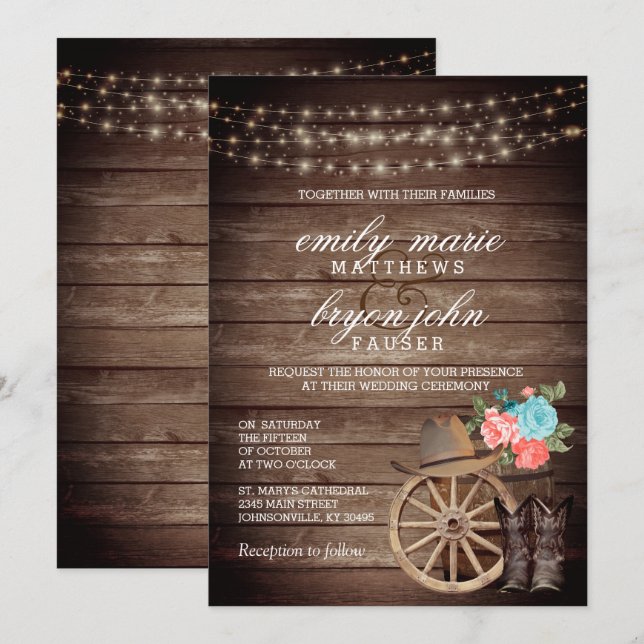 Invitation Mariage en baril de pays avec Floral Turquoise et  (Devant / Derrière)