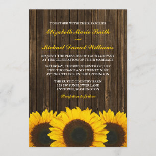 Invitation Mariage en bois de grange de tournesols