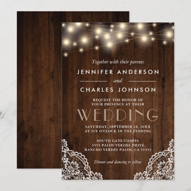 Invitation Mariage en bois de la dentelle de couleur rustique (Devant / Derrière)