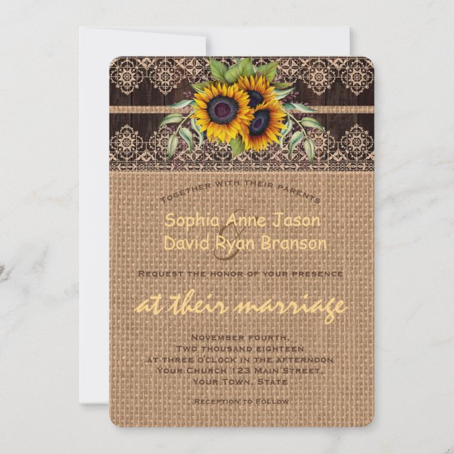 Invitation Mariage en bois de la dentelle des tournesols russ (Devant)