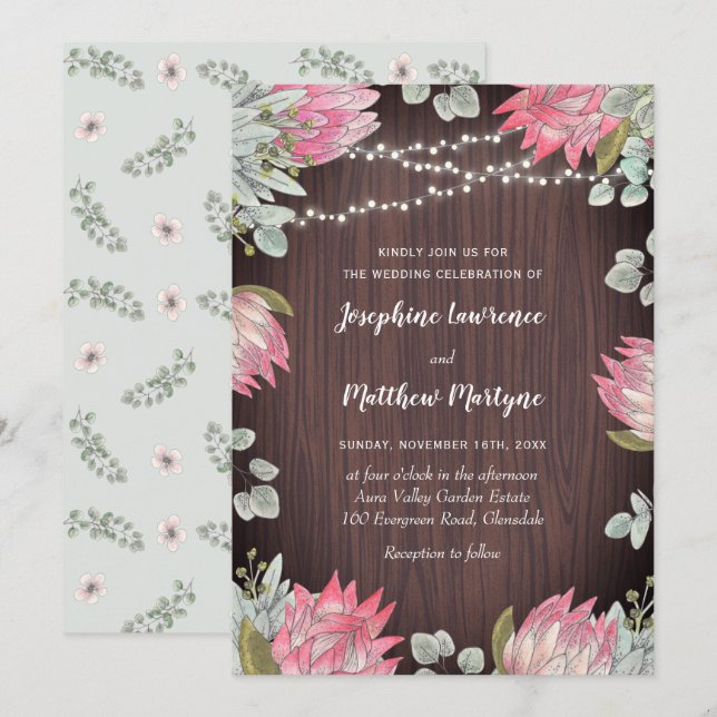 Invitation Mariage en bois de la florale de Protea (Devant / Derrière)