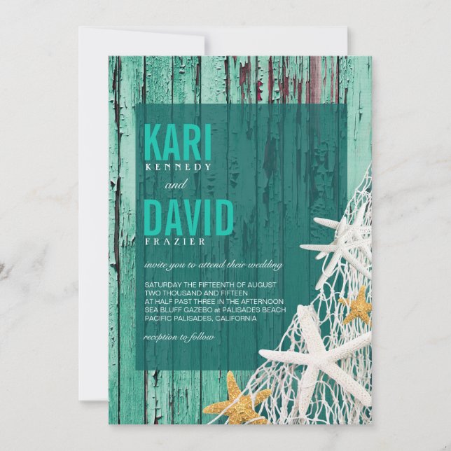 Invitation Mariage en bois de la plage Starfish Netting| aqua (Devant)