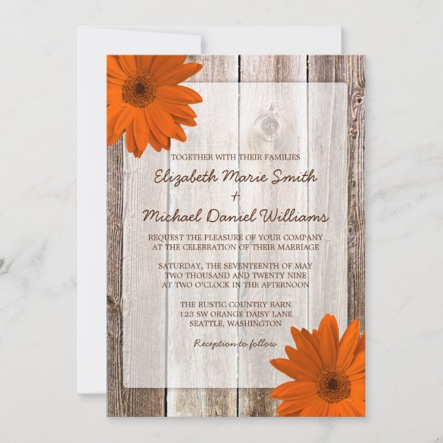 Invitation Mariage en bois d'orange Daisy Rustic Barn (Devant)