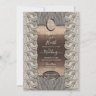 Invitation Mariage en bois gris et cuivre avec dentelle de cr
