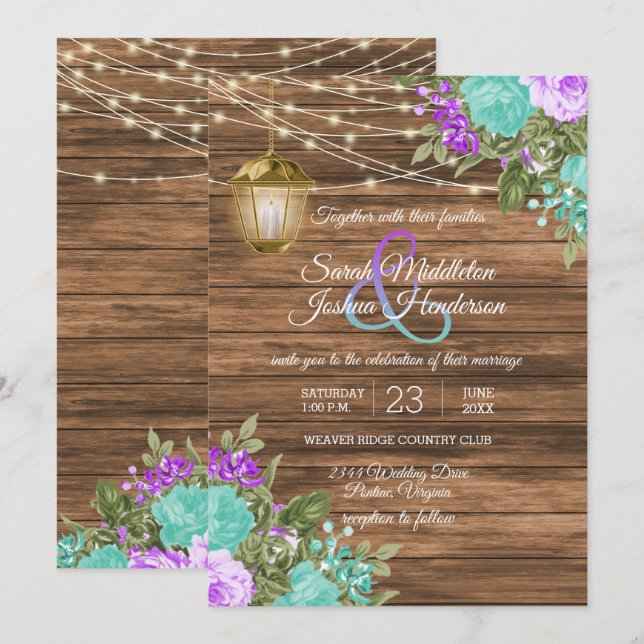 Invitation Mariage en bois, lanterne et violet et Turquoise (Devant / Derrière)