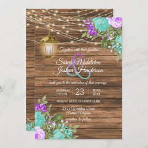 Invitation Mariage en bois, lanterne et violet et Turquoise