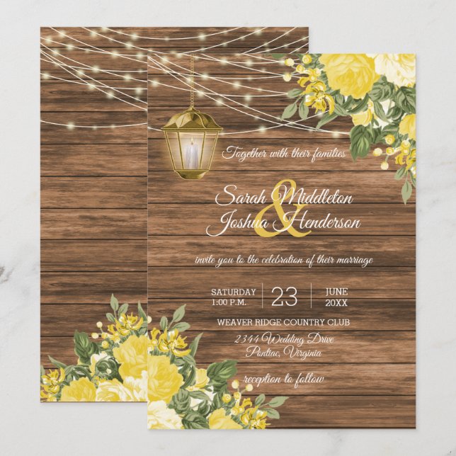 Invitation Mariage en bois, lanternes et fleurs jaunes (Devant / Derrière)
