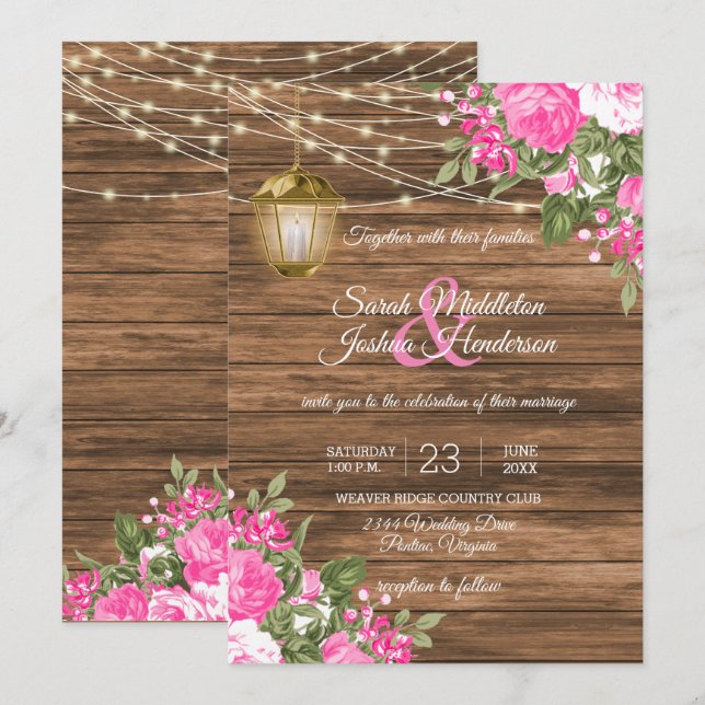 Invitation Mariage en bois, lanternes et fleurs roses (Devant / Derrière)
