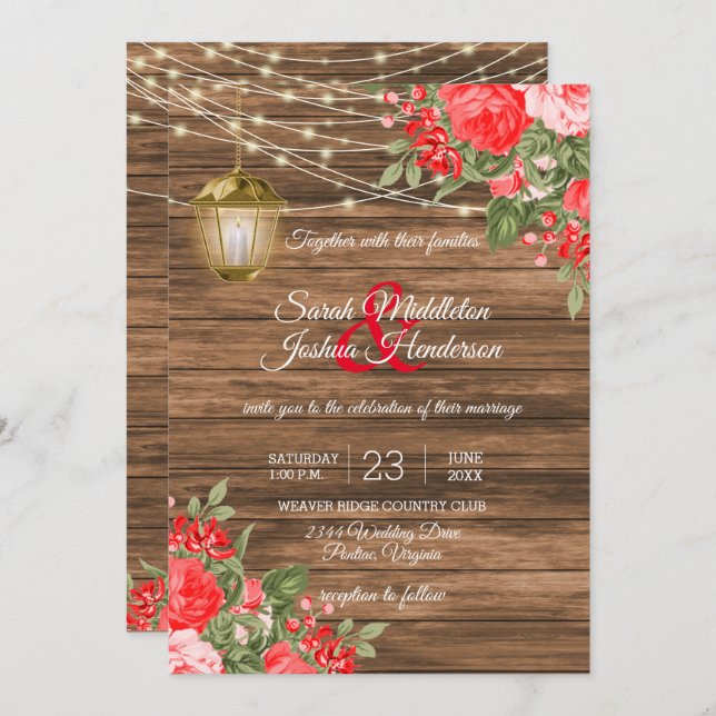 Invitation Mariage en bois, lanternes et fleurs rouges (Devant / Derrière)