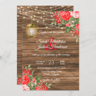 Invitation Mariage en bois, lanternes et fleurs rouges