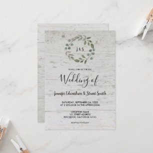 Invitation Mariage en bois monogramme feuille rustique aquare