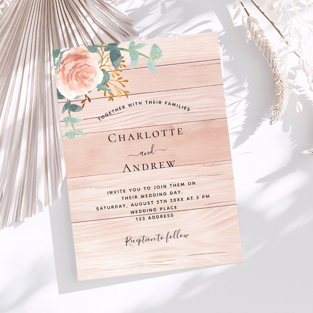 Invitation mariage en bois rose or fleuri  (Créateur téléchargé)