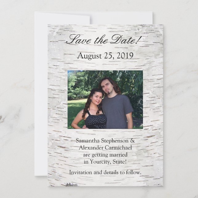 Invitation Mariage en bois rustique avec écorce de bouleau à  (Devant)