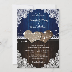 Invitation Mariage en bois rustique bleu marine