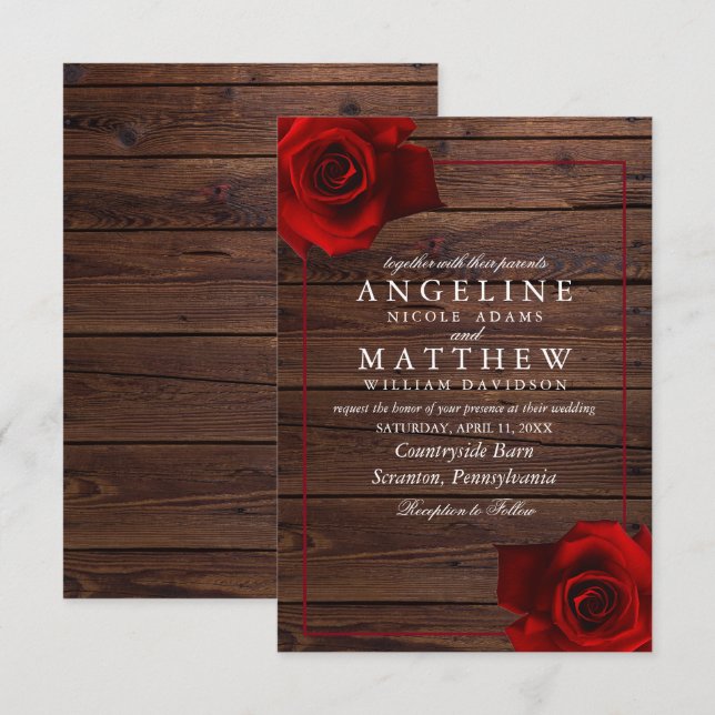 Invitation Mariage en bois rustique de la Rose rouge de Bourg (Devant / Derrière)