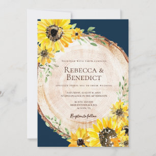 Invitation Mariage en bois rustique de tournesol bleu marine