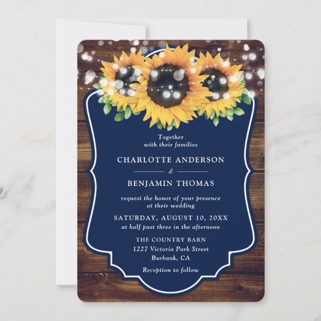 Invitation Mariage en bois rustique de tournesol bleu marine (Devant)