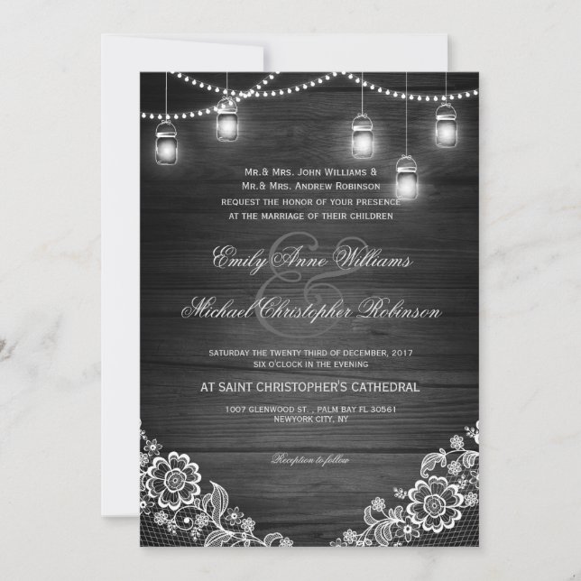 Invitation Mariage en bois rustique en dentelle claire (Devant)