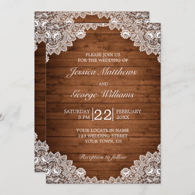 Invitation Mariage en bois rustique et dentelle blanche (Devant / Derrière)