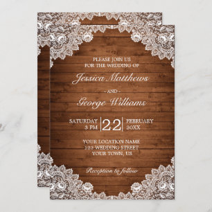 Invitation Mariage en bois rustique et dentelle blanche