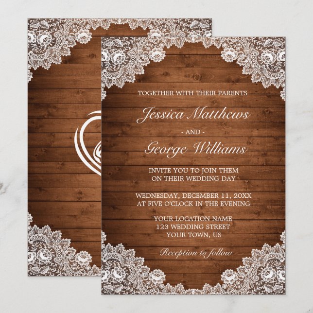Invitation Mariage en bois rustique et dentelle blanche (Devant / Derrière)