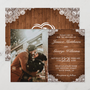 Invitation Mariage en bois rustique et dentelle blanche Invit