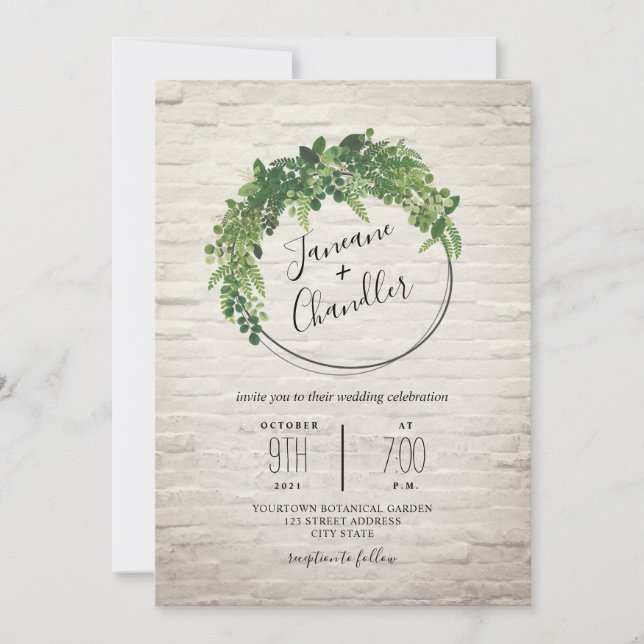 Invitation Mariage en brique blanche verdoyante (Devant)